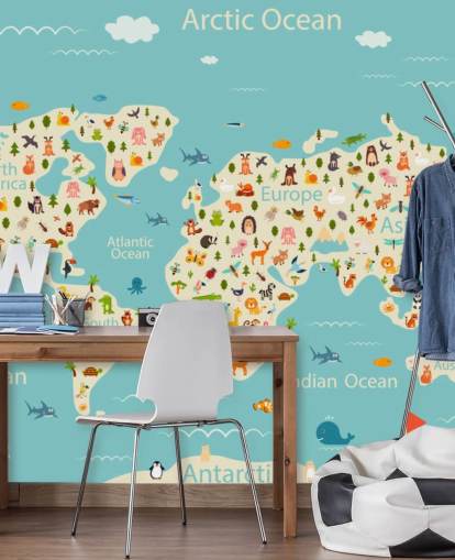 animais fofos no papel de parede do mapa mundial infantil animais fofos no papel de parede do mapa mundial infantil