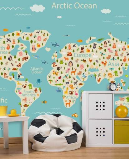 animais fofos no papel de parede do mapa mundial infantil
