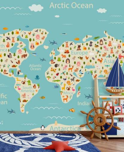 simpatici animali sulla carta da parati della mappa del mondo per bambini