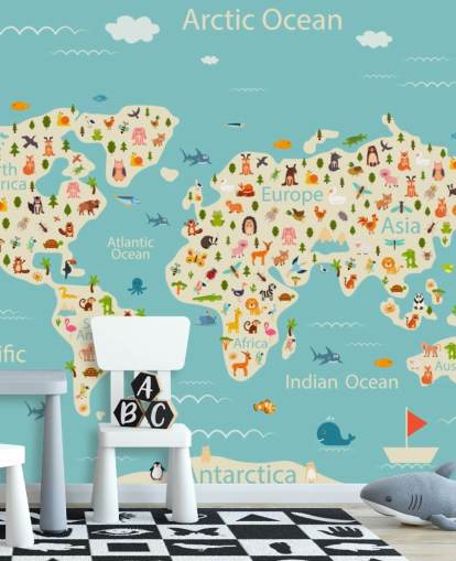 lindos animales en el fondo de pantalla del mapa mundial para niños