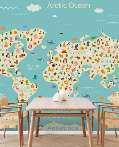 simpatici animali sulla carta da parati della mappa del mondo per bambini