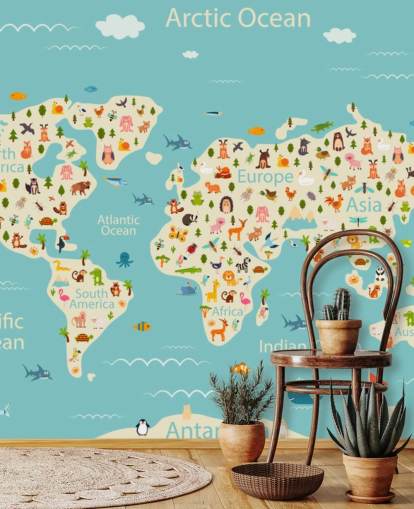 lindos animales en el fondo de pantalla del mapa mundial para niños