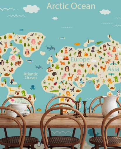 cute animals on kids world map wallpaper