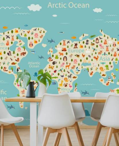 lindos animales en el fondo de pantalla del mapa mundial para niños