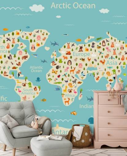 simpatici animali sulla carta da parati della mappa del mondo per bambini