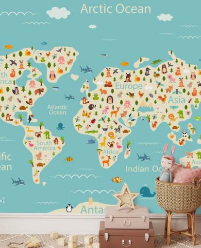 animaux mignons sur fond d'écran de carte du monde pour enfants