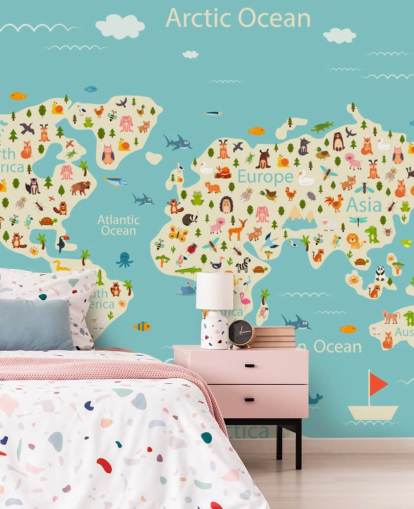 cute animals on kids world map wallpaper