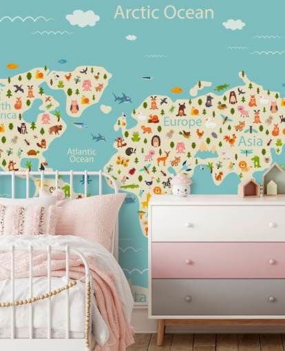lindos animales en el fondo de pantalla del mapa mundial para niños