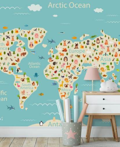 animaux mignons sur fond d'écran de carte du monde pour enfants