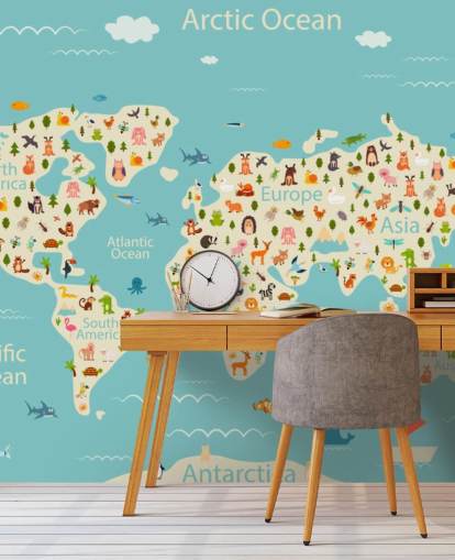 cute animals on kids world map wallpaper
