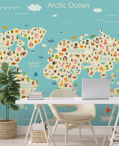 cute animals on kids world map wallpaper