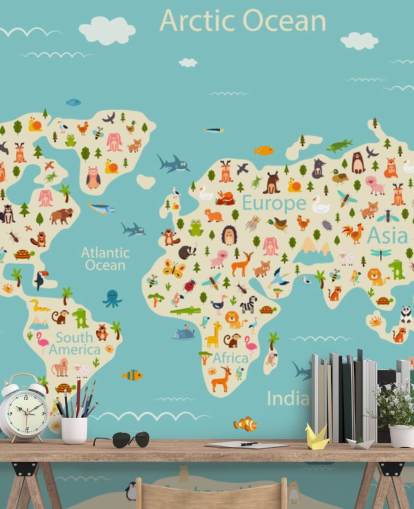 cute animals on kids world map wallpaper