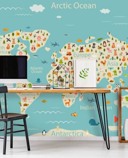 cute animals on kids world map wallpaper