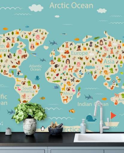 cute animals on kids world map wallpaper
