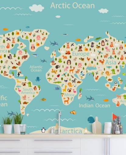 cute animals on kids world map wallpaper