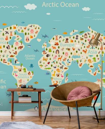 lindos animales en el fondo de pantalla del mapa mundial para niños