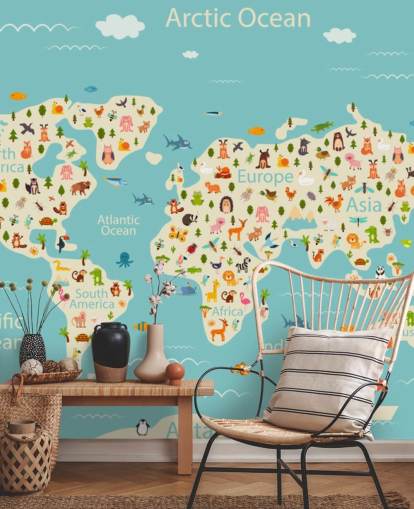 animaux mignons sur fond d'écran de carte du monde pour enfants