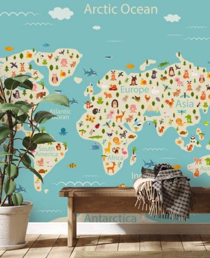 cute animals on kids world map wallpaper