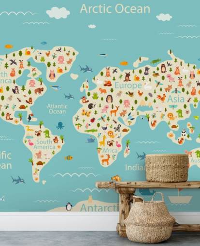 cute animals on kids world map wallpaper