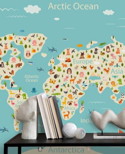 cute animals on kids world map wallpaper