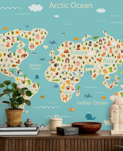 simpatici animali sulla carta da parati della mappa del mondo per bambini
