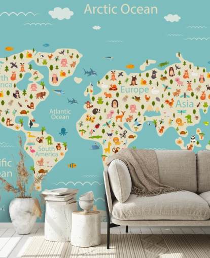 lindos animales en el fondo de pantalla del mapa mundial para niños