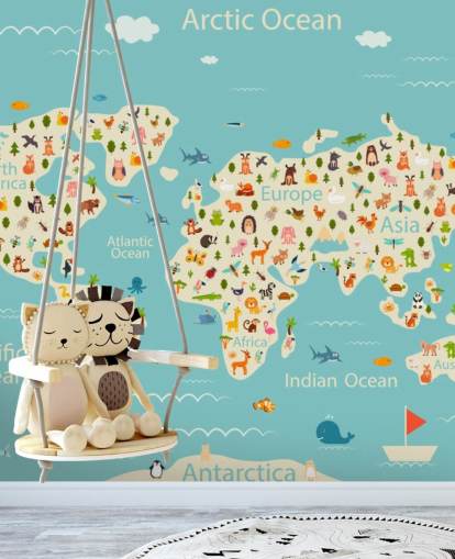 simpatici animali sulla carta da parati della mappa del mondo per bambini