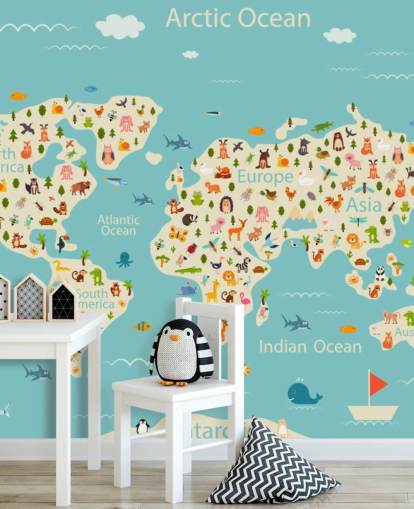 cute animals on kids world map wallpaper