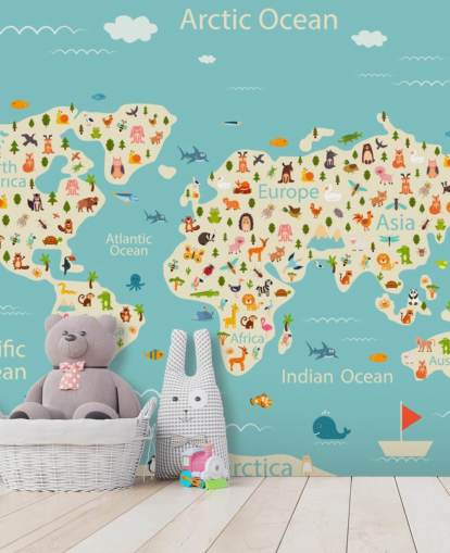 simpatici animali sulla carta da parati della mappa del mondo per bambini