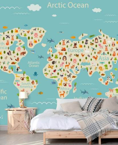 cute animals on kids world map wallpaper