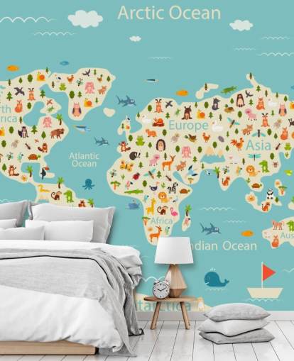 lindos animales en el fondo de pantalla del mapa mundial para niños
