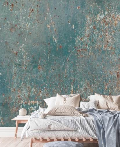 mural de papel pintado industrial azul y cobre llamado Industrial Grunge para dormitorios, bares y cocinas