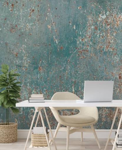 blauwe en koperen industriële behangmuurschildering genaamd Industrial Grunge voor slaapkamers, bars en keukens