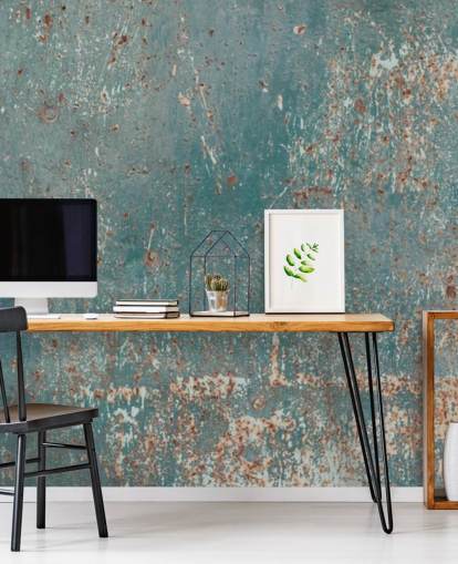 blauwe en koperen industriële behangmuurschildering genaamd Industrial Grunge voor slaapkamers, bars en keukens