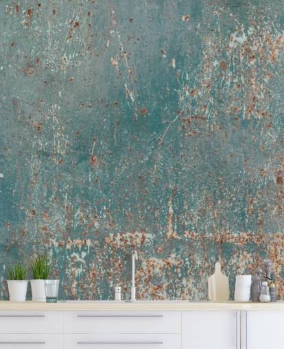 blauwe en koperen industriële behangmuurschildering genaamd Industrial Grunge voor slaapkamers, bars en keukens blauwe en koperen industriële behangmuurschildering genaamd Industrial Grunge voor slaapkamers, bars en keukens