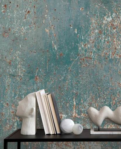 blue and copper industrial wallpaper mural called Industrial Grunge for bedrooms, bars and kitchens