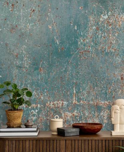 blue and copper industrial wallpaper mural called Industrial Grunge for bedrooms, bars and kitchens