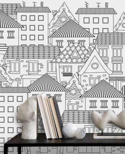 gekrabbelde huizen behang