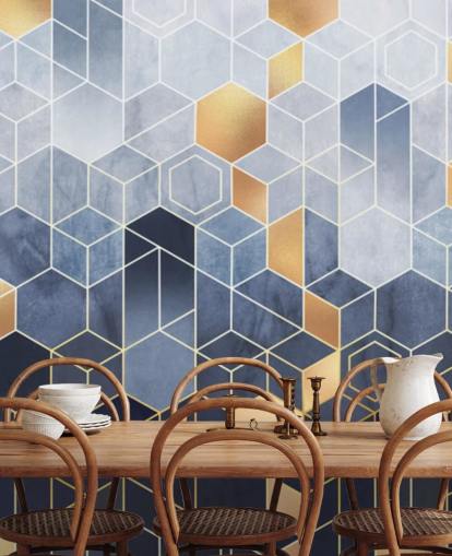 papier peint hexagones bleu marine et doré