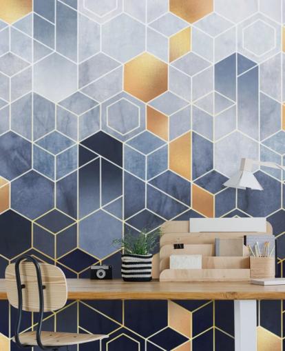marine blauw en goudkleurig hexagons behang