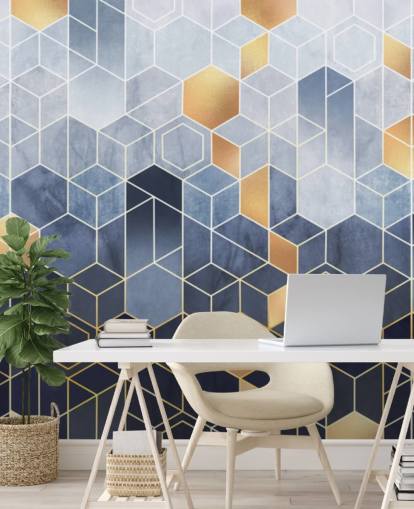 papel pintado hexágonos en tonos azul marino y dorado