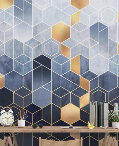 navy and gold toned hexagons wallpaper