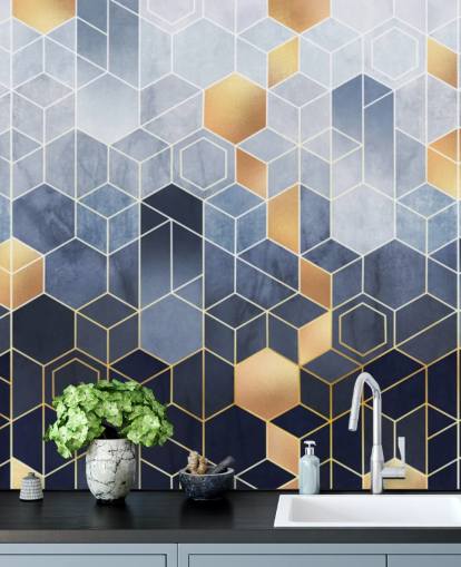 marin och guld tonade hexagoner tapeter