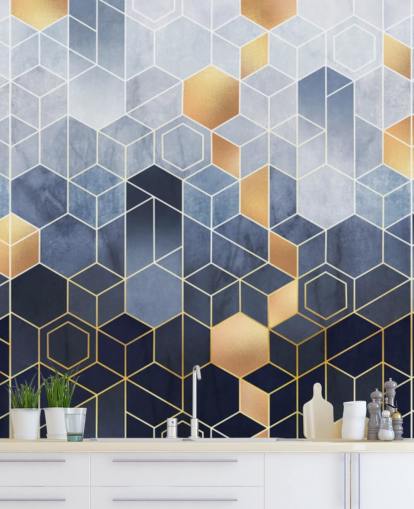 marin och guld tonade hexagoner tapeter