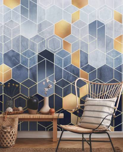 marine blauw en goudkleurig hexagons behang