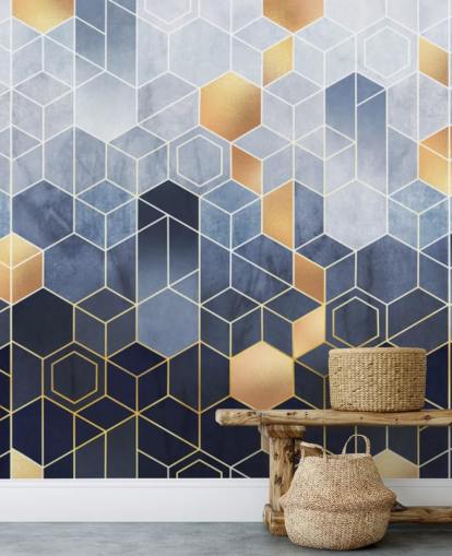 marine blauw en goudkleurig hexagons behang