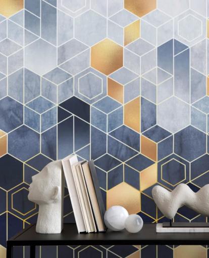 navy and gold toned hexagons wallpaper