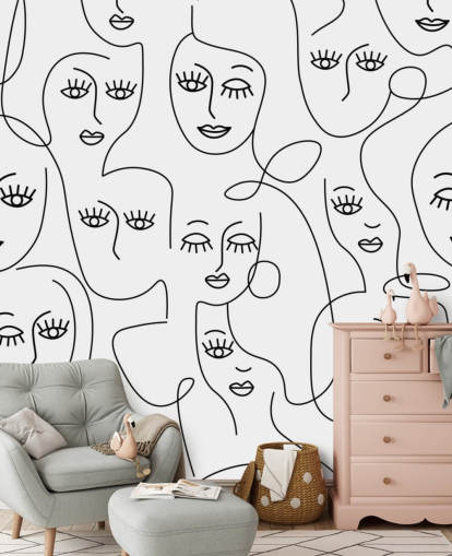 arte de linha preta e branca de rostos femininos papel de parede arte de linha preta e branca de rostos femininos papel de parede