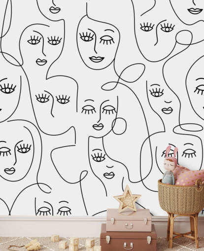 sort og hvid linje kunst af kvinders ansigter tapet