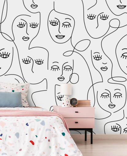 zwart-wit lijnkunst van vrouwengezichten behang